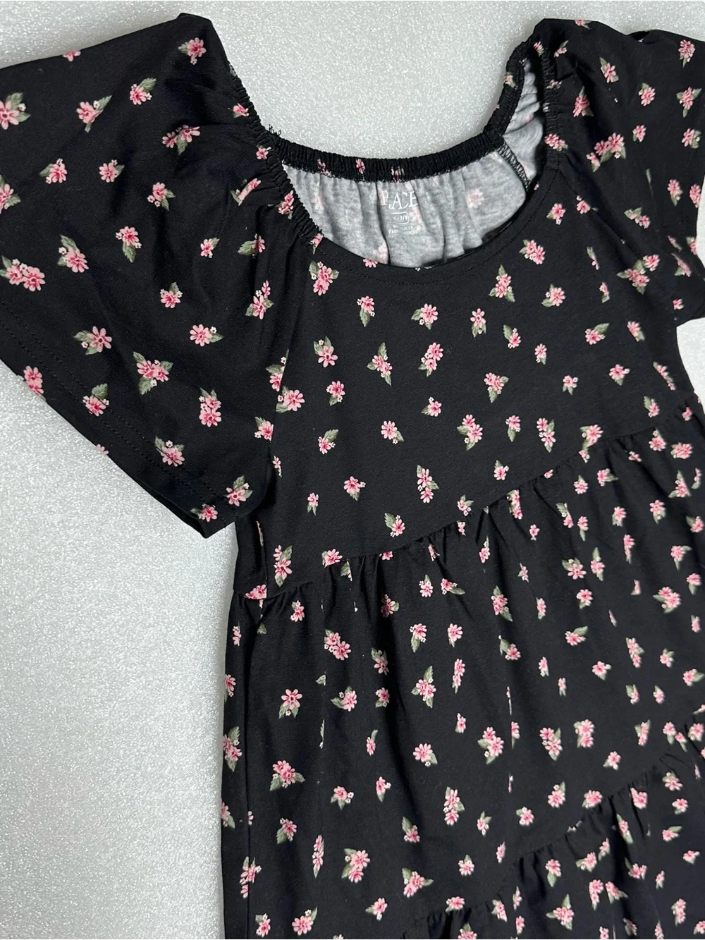 Children’s Place Girls Black Dress with Pink Floral Print - Tiered Style Sz 7/8